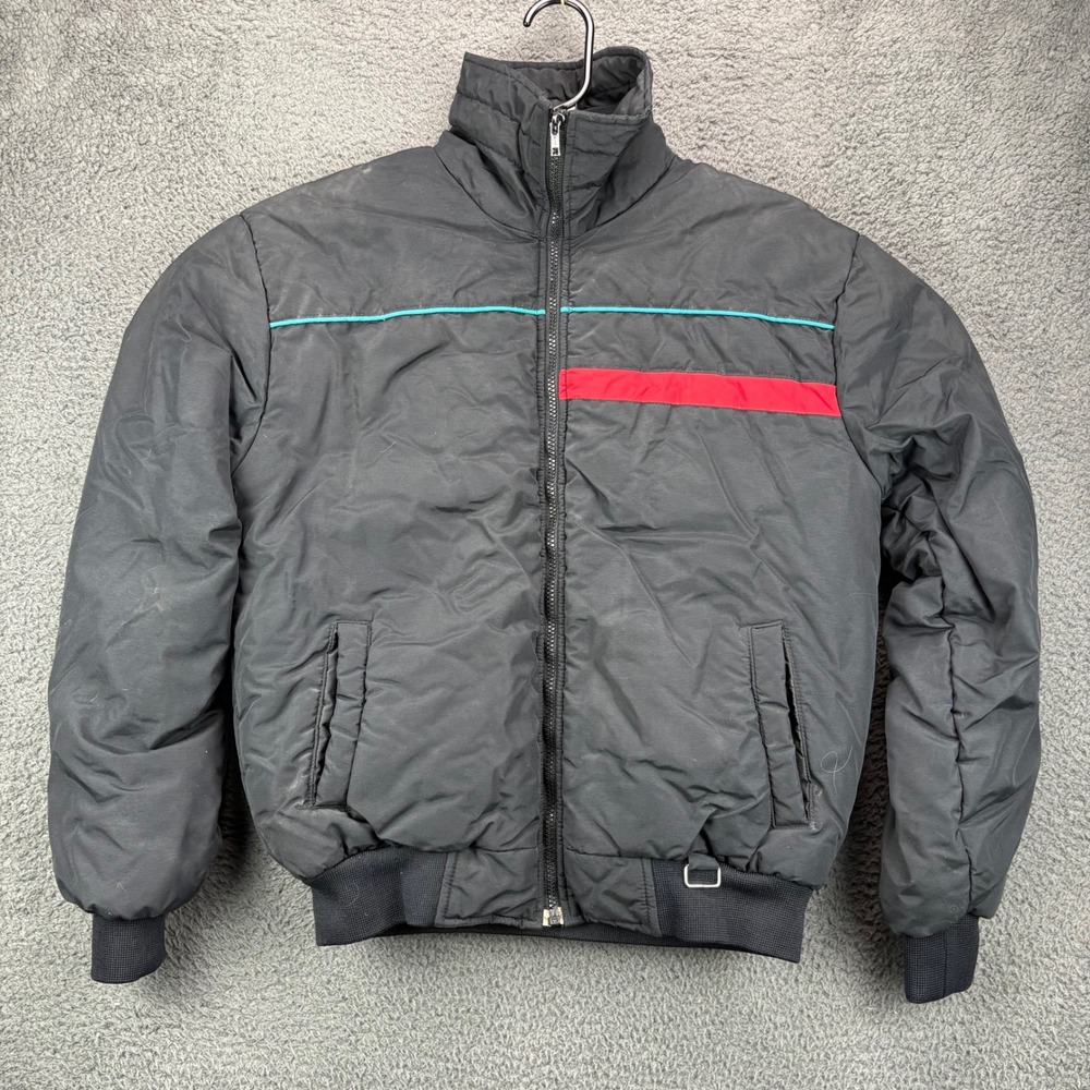 Vintage Powder Run Mens Black Puffer Jacket Retro 80s‎ Ski Snowboard Zip Up
